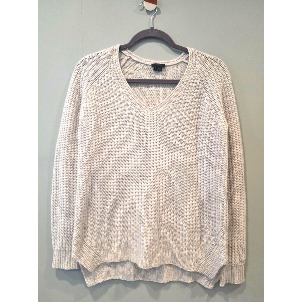 Theory 100% Cashmere Open Shaker Knit V-Neck Pullover Sweater Heathered Gray SM